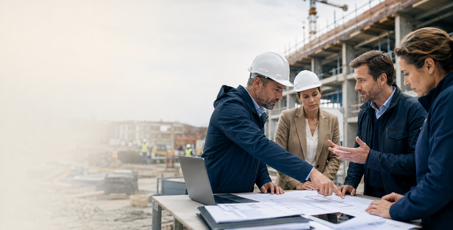 Konzentrierte Baustellen-Taskforce bei der Abstimmung von Bauplänen und nächsten Maßnahmen