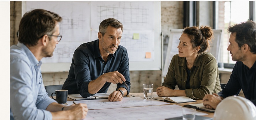 Projektteam im Gespräch über Planunterlagen und nächste Entscheidungen.